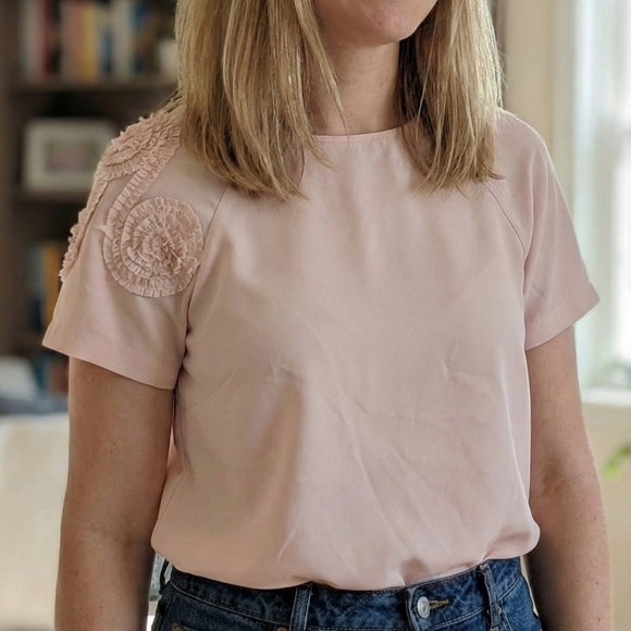 Zara Tops - Zara Women’s Blush Pink Floral Ruffle Detail Short Sleeve Blouse Size Small